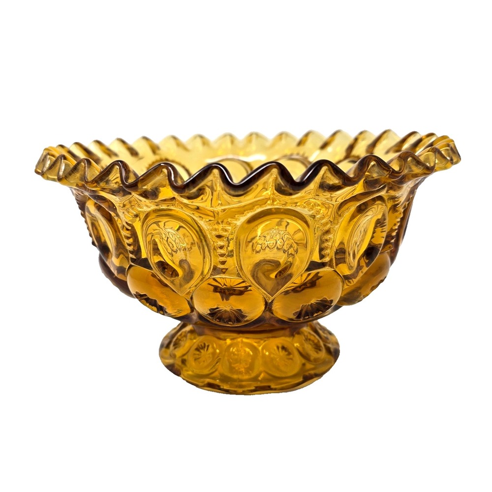 Vintage LE Smith Moon and Stars Amber Brown Glass Compote Footed Candy Dish Bowl